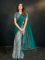 Teal Green Crepe Satin Silk Ready To Wear Saree